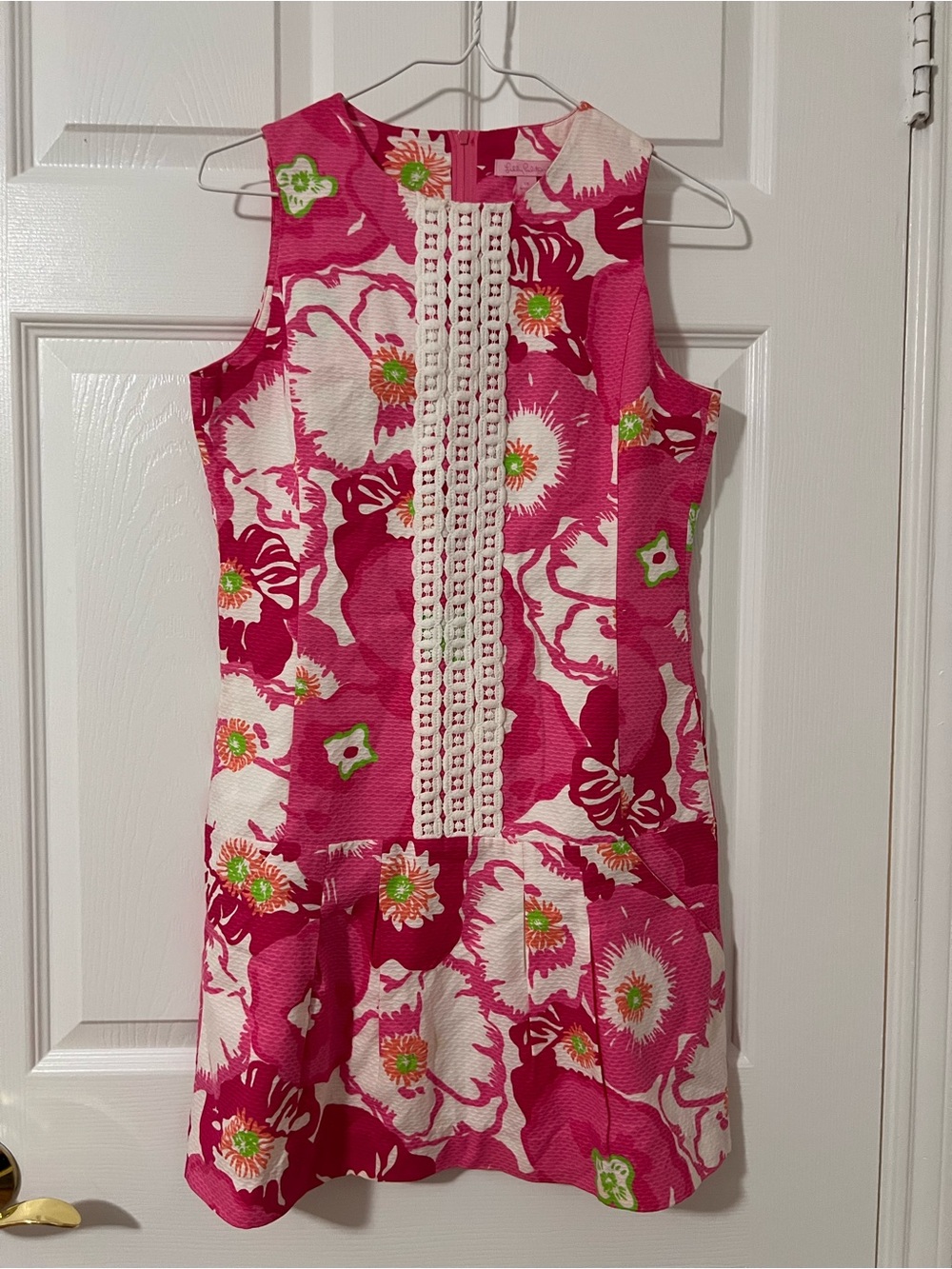 Girls' Sleeveless Pink Floral Dress with Crochet Trim
